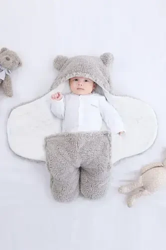 Newborn 0-6 Months Wellsoft Sleeping Bag Newborn Hooded Swaddle Blanket Plush Baby Outer Swaddle-Gray - BUNDEBA (1)
