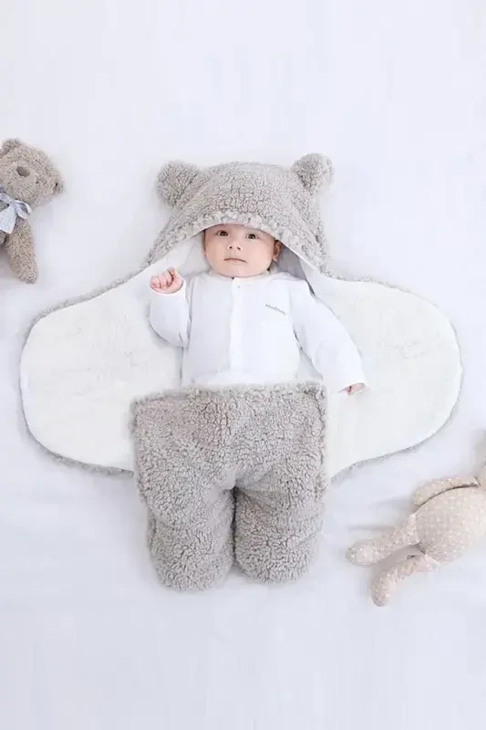 Newborn 0-6 Months Wellsoft Sleeping Bag Newborn Hooded Swaddle Blanket Plush Baby Outer Swaddle-Gray - 2