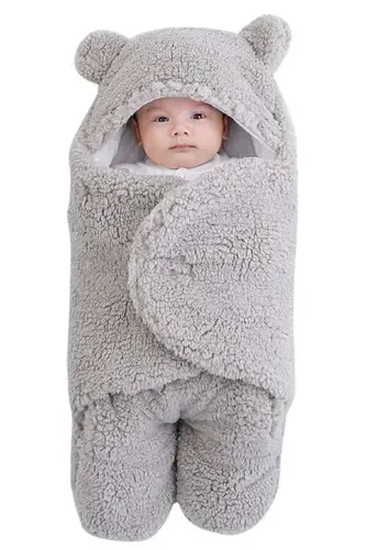 Newborn 0-6 Months Wellsoft Sleeping Bag Newborn Hooded Swaddle Blanket Plush Baby Outer Swaddle-Gray - 3