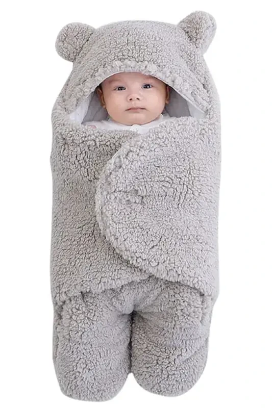 Newborn 0-6 Months Wellsoft Sleeping Bag Newborn Hooded Swaddle Blanket Plush Baby Outer Swaddle-Gray - 3