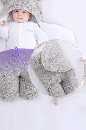 Newborn 0-6 Months Wellsoft Sleeping Bag Newborn Hooded Swaddle Blanket Plush Baby Outer Swaddle-Gray - 5