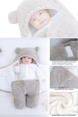 Newborn 0-6 Months Wellsoft Sleeping Bag Newborn Hooded Swaddle Blanket Plush Baby Outer Swaddle-Gray - 6