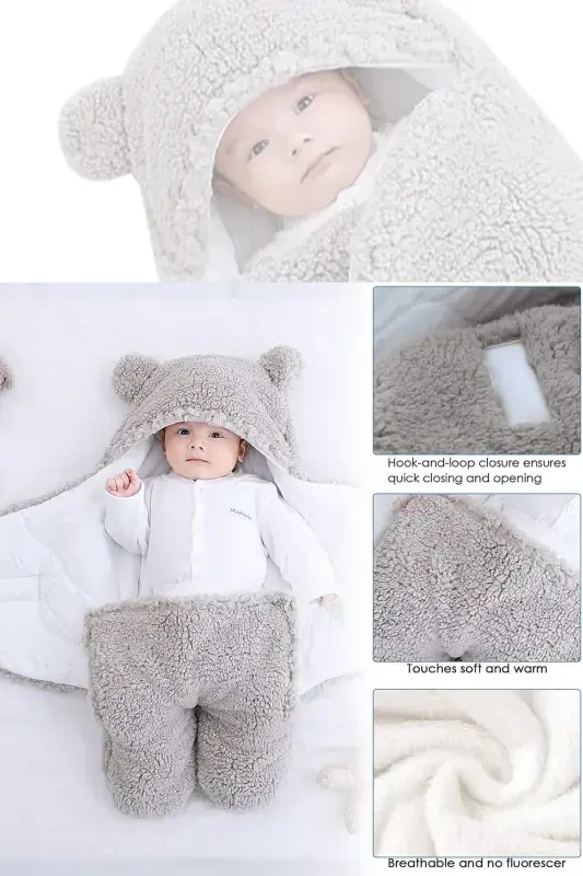 Newborn 0-6 Months Wellsoft Sleeping Bag Newborn Hooded Swaddle Blanket Plush Baby Outer Swaddle-Gray - 6