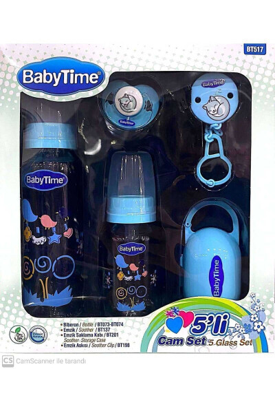 Newborn 5-Piece Glass Baby Bottle and Pacifier Set Blue - BABYTIME (1)