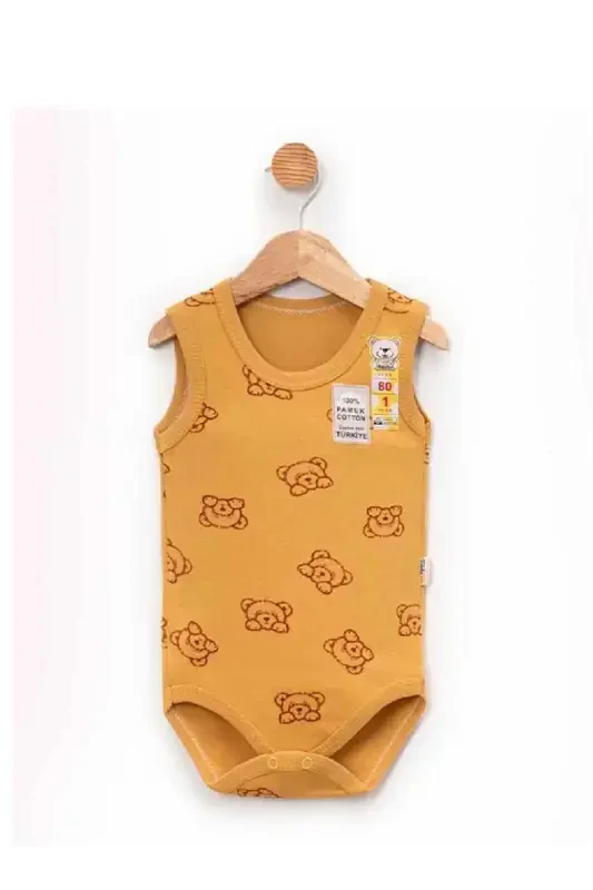 Newborn Baby 100% Cotton Bear Patterned Sleeveless Summer Snap Bodysuit Romper-CINNAMON - MYZİ STORE
