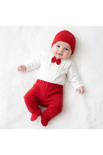 Newborn Baby 100% Cotton Fabric 3-Piece Hospital Exit Bodysuit Set with Bowtie - Red 