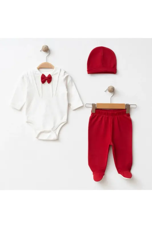 Newborn Baby 100% Cotton Fabric 3-Piece Hospital Exit Bodysuit Set with Bowtie - Red - 2