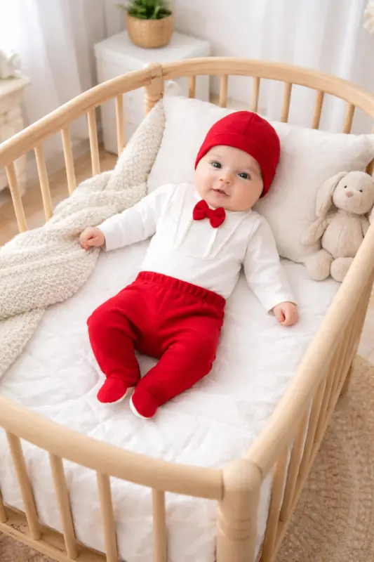 Newborn Baby 100% Cotton Fabric 3-Piece Hospital Exit Bodysuit Set with Bowtie - Red - 3