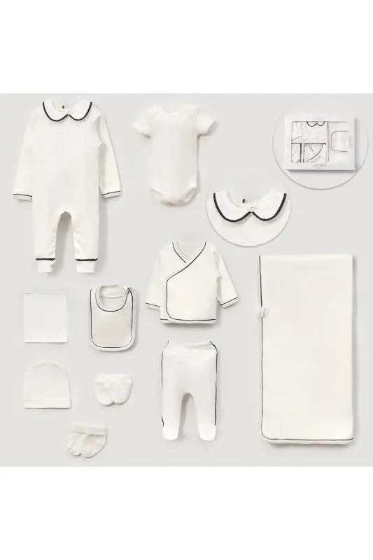 Newborn Baby %100 Cotton Fabric with navy blue binding 10-Piece Hospital Exit Bodysuit Set - binding - 1