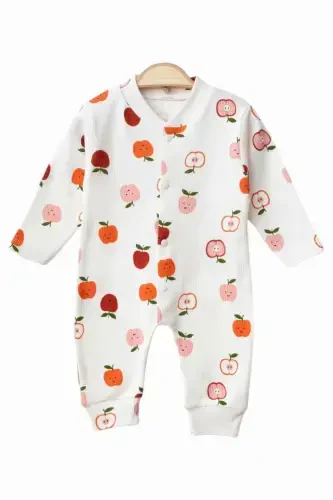 Newborn Baby Apple Print Ribbed Knit Snap-Button Romper 100% Cotton Flexible 1-3-6 Months Unisex-WHITE APPLE - 1