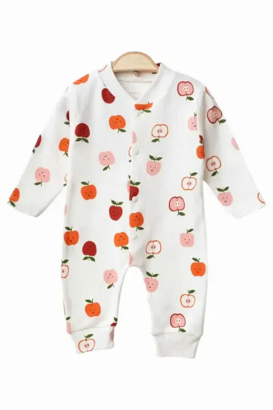 Newborn Baby Apple Print Ribbed Knit Snap-Button Romper 100% Cotton Flexible 1-3-6 Months Unisex-WHITE APPLE - 1