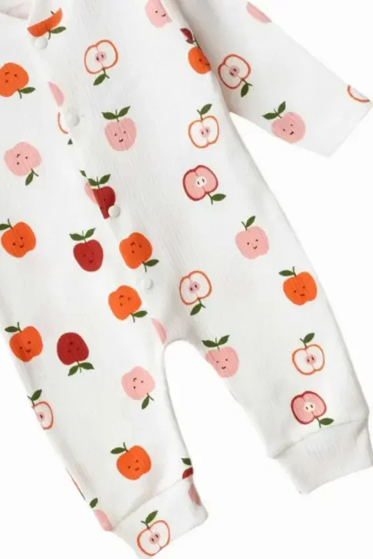 Newborn Baby Apple Print Ribbed Knit Snap-Button Romper 100% Cotton Flexible 1-3-6 Months Unisex-WHITE APPLE - 2