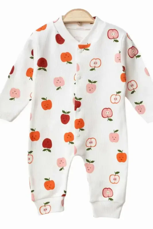 Newborn Baby Apple Print Ribbed Knit Snap-Button Romper 100% Cotton Flexible 1-3-6 Months Unisex-WHITE APPLE - 4