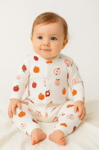 Newborn Baby Apple Print Ribbed Knit Snap-Button Romper 100% Cotton Flexible 1-3-6 Months Unisex-WHITE APPLE - 5