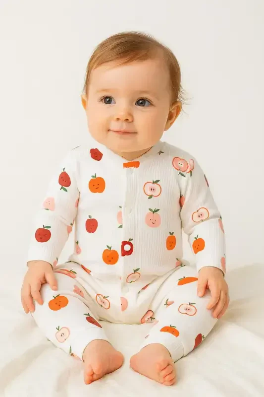 Newborn Baby Apple Print Ribbed Knit Snap-Button Romper 100% Cotton Flexible 1-3-6 Months Unisex-WHITE APPLE - 5