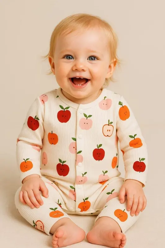 Newborn Baby Apple Print Snap-Front Baby Romper - 1