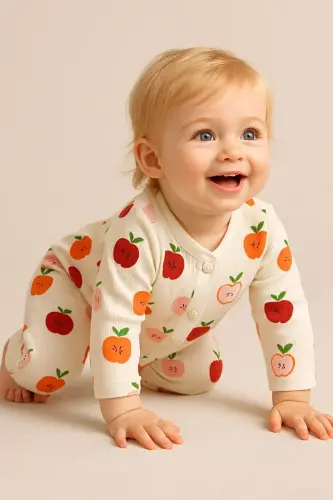 Newborn Baby Apple Print Snap-Front Baby Romper - DINAMIK ÇOCUK (1)