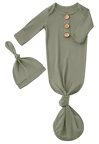 Newborn Baby Boys Girls Knotted Gown Hat Set Soft Bamboo Viscose Infant Sleeper Baby Sleep Gown with Mittens - 1