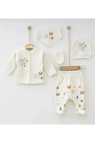 Newborn Baby Cotton Fabric Submarine Pattern 5 Pieces Hospital Outing Onesie Set-beige - 1