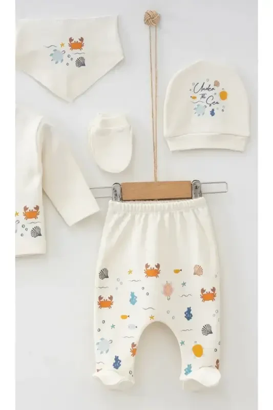 Newborn Baby Cotton Fabric Submarine Pattern 5 Pieces Hospital Outing Onesie Set-beige - 2