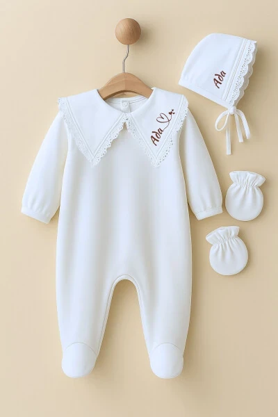 Newborn baby girl hospital discharge set with romper, hat and mittens. - 3