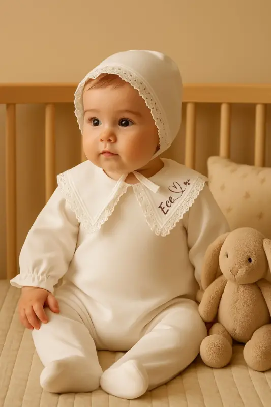 Newborn baby girl hospital discharge set with romper, hat and mittens. - 2