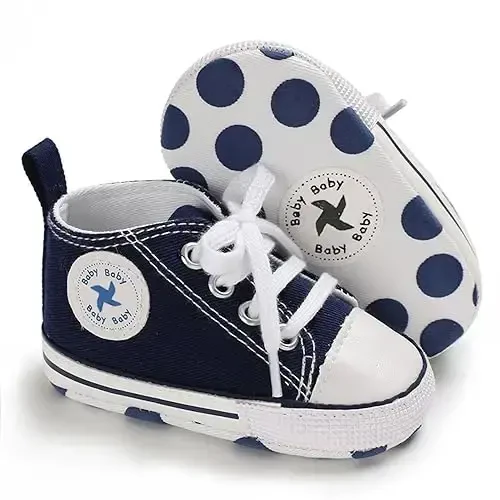 Newborn Baby Girls Boys Canvas Shoes Infant Soft Sole Slip On First Walkers Sneaker Toddler Flat Loafers High Top Crib Denim Unisex Moccasins Shoe - 2