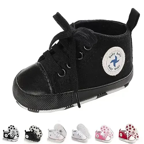 Newborn Baby Girls Boys Canvas Shoes Infant Soft Sole Slip On First Walkers Sneaker Toddler Flat Loafers High Top Crib Denim Unisex Moccasins Shoe - NEWBORN