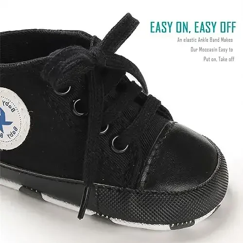 Newborn Baby Girls Boys Canvas Shoes Infant Soft Sole Slip On First Walkers Sneaker Toddler Flat Loafers High Top Crib Denim Unisex Moccasins Shoe - 5