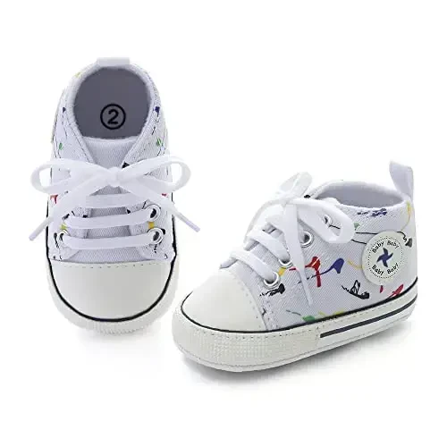 Newborn Baby Girls Boys Canvas Shoes Infant Soft Sole Slip On First Walkers Sneaker Toddler Flat Loafers High Top Crib Denim Unisex Moccasins Shoe - 4