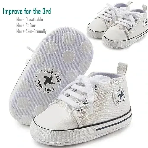Newborn Baby Girls Boys Canvas Shoes Infant Soft Sole Slip On First Walkers Sneaker Toddler Flat Loafers High Top Crib Denim Unisex Moccasins Shoe - 2
