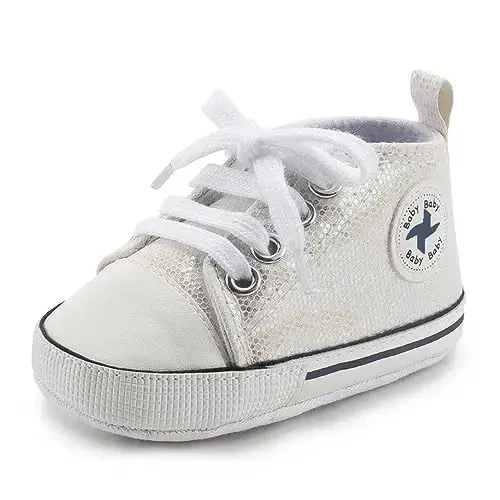 Newborn Baby Girls Boys Canvas Shoes Infant Soft Sole Slip On First Walkers Sneaker Toddler Flat Loafers High Top Crib Denim Unisex Moccasins Shoe - 6