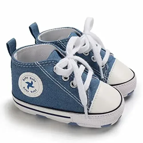 Newborn Baby Girls Boys Canvas Shoes Infant Soft Sole Slip On First Walkers Sneaker Toddler Flat Loafers High Top Crib Denim Unisex Moccasins Shoe - 2