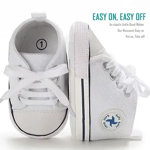 Newborn Baby Girls Boys Canvas Shoes Infant Soft Sole Slip On First Walkers Sneaker Toddler Flat Loafers High Top Crib Denim Unisex Moccasins Shoe - 5