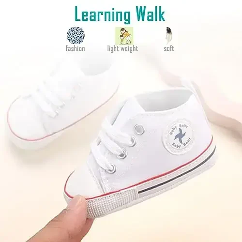 Newborn Baby Girls Boys Canvas Shoes Infant Soft Sole Slip On First Walkers Sneaker Toddler Flat Loafers High Top Crib Denim Unisex Moccasins Shoe - 4