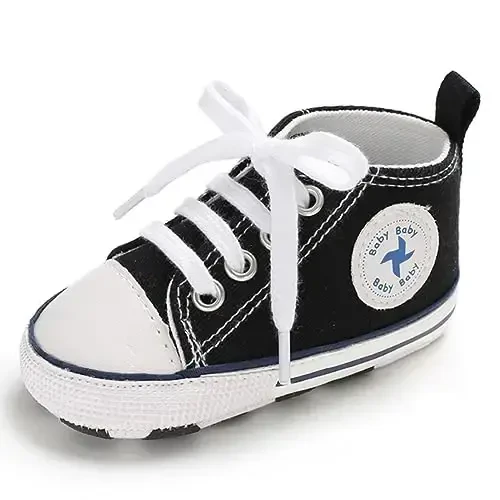 Newborn Baby Girls Boys Canvas Shoes Infant Soft Sole Slip On First Walkers Sneaker Toddler Flat Loafers High Top Crib Denim Unisex Moccasins Shoe - 6