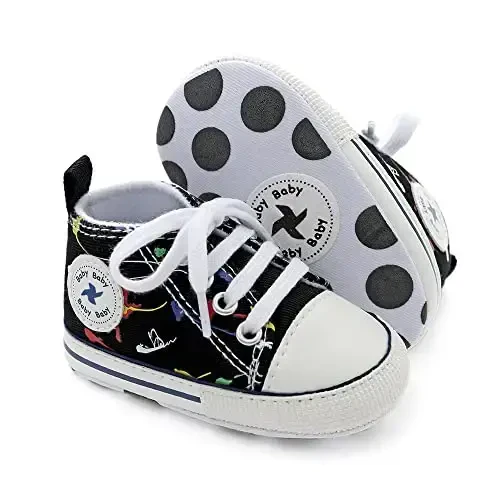 Newborn Baby Girls Boys Canvas Shoes Infant Soft Sole Slip On First Walkers Sneaker Toddler Flat Loafers High Top Crib Denim Unisex Moccasins Shoe - NEWBORN