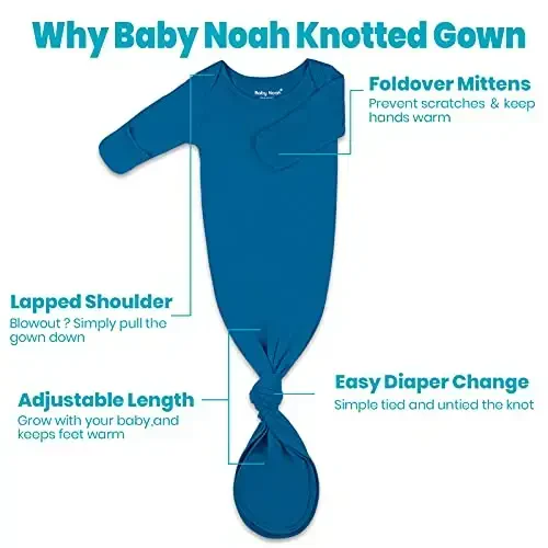 Newborn Baby Knotted Gown, Super Soft Silky Infant Long Sleeve Sleeper with Mittens and Hat & Bowknot Set (Extra Long) - 3