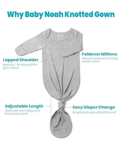 Newborn Baby Knotted Gown, Super Soft Silky Infant Long Sleeve Sleeper with Mittens and Hat & Bowknot Set (Extra Long) - 5