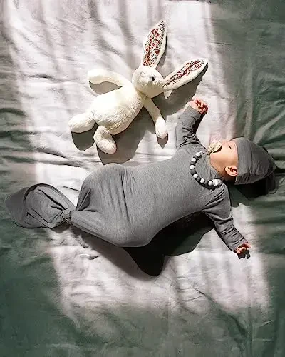 Newborn Baby Knotted Gown, Super Soft Silky Infant Long Sleeve Sleeper with Mittens and Hat & Bowknot Set (Extra Long) - 6