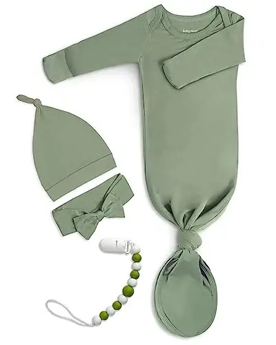 Newborn Baby Knotted Gown, Super Soft Silky Infant Long Sleeve Sleeper with Mittens and Hat & Bowknot Set (Extra Long) - 1