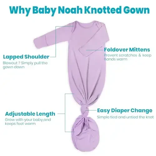 Newborn Baby Knotted Gown, Super Soft Silky Infant Long Sleeve Sleeper with Mittens and Hat & Bowknot Set (Extra Long) - 5