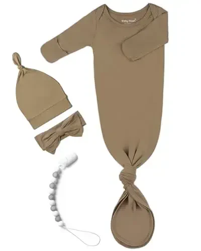 Newborn Baby Knotted Gown, Super Soft Silky Infant Long Sleeve Sleeper with Mittens and Hat & Bowknot Set (Extra Long) 