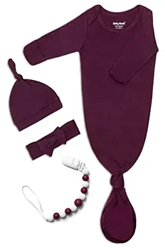 Newborn Baby Knotted Gown, Super Soft Silky Infant Long Sleeve Sleeper with Mittens and Hat & Bowknot Set (Extra Long) - 1