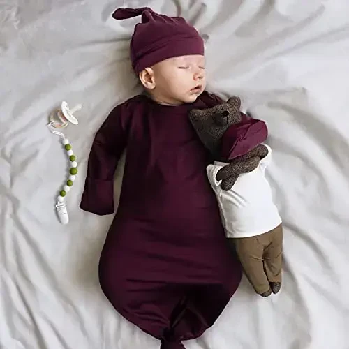 Newborn Baby Knotted Gown, Super Soft Silky Infant Long Sleeve Sleeper with Mittens and Hat & Bowknot Set (Extra Long) - 6