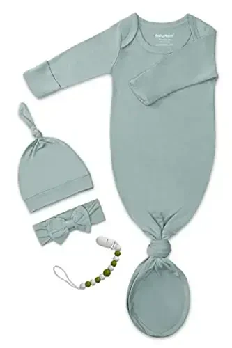 Newborn Baby Knotted Gown, Super Soft Silky Infant Long Sleeve Sleeper with Mittens and Hat & Bowknot Set (Extra Long) - 1
