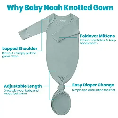 Newborn Baby Knotted Gown, Super Soft Silky Infant Long Sleeve Sleeper with Mittens and Hat & Bowknot Set (Extra Long) - 3