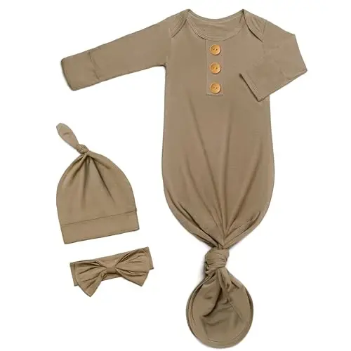 Newborn Baby Knotted Gown, Super Soft Silky Infant Long Sleeve Sleeper with Tie Bottom, Baby Girl and Boy Sleep Gown - 1