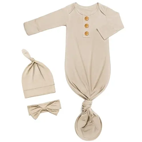 Newborn Baby Knotted Gown, Super Soft Silky Infant Long Sleeve Sleeper with Tie Bottom, Baby Girl and Boy Sleep Gown 