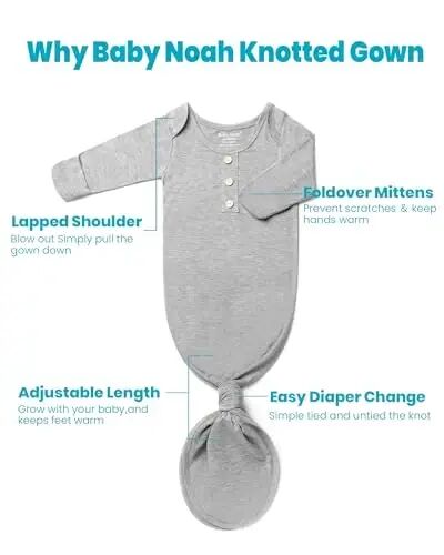 Newborn Baby Knotted Gown, Super Soft Silky Infant Long Sleeve Sleeper with Tie Bottom, Baby Girl and Boy Sleep Gown - Baby Noah (1)